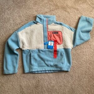 NWT Columbia Lodge Sherpa Pullover Fleece in “stone blue, dark stone” LARGE